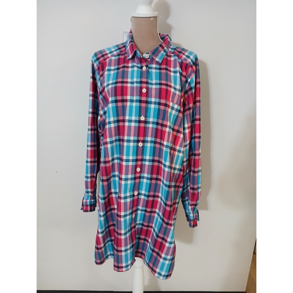 Koret Francisca Womens 2X Plaid Button Down Tunic Shirt Pink Blue Modest